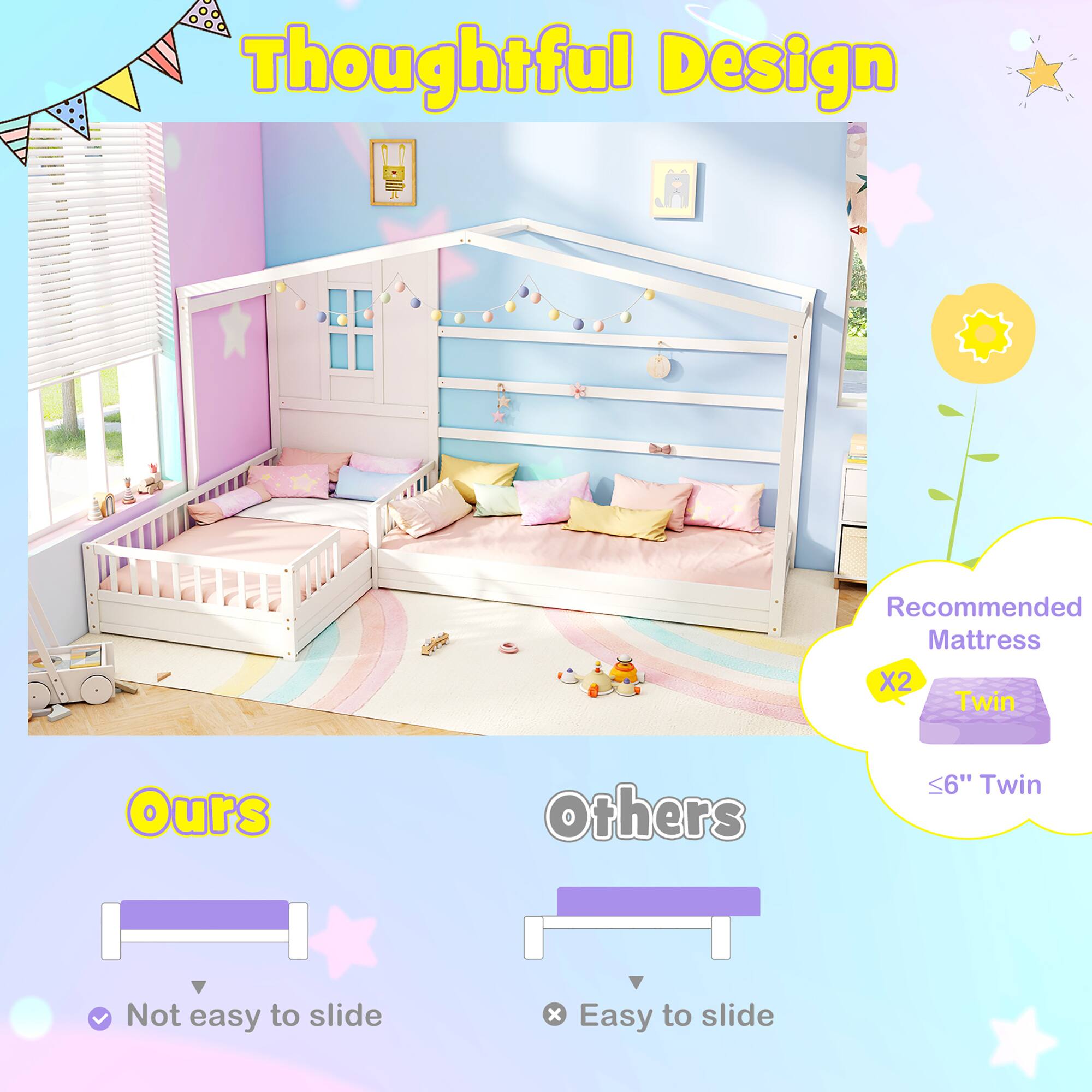 Thoughtful Design, Recommended Mattress X2 Twin, Ours, Others, <6" Twin, Not easy to slide, Easy to slide