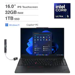Lenovo - ThinkPad E16 Laptop 16'' Touchscreen (Intel Ultra 5-225U, 32GB DDR5, 1TB SSD, Win 11 Home) w/DKZ USB Hub - Black