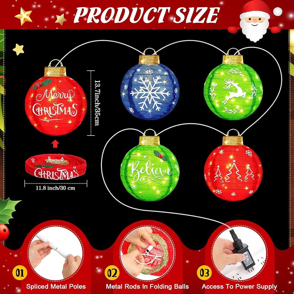 PRODUCT SIZE

Merry CHRISTMAS  
13.7 inch/35 cm

CHRISTMAS  
11.8 inch/30 cm

01 Spliced Metal Poles  
02 Metal Rods In Folding Balls  
03 Access To Power Supply
