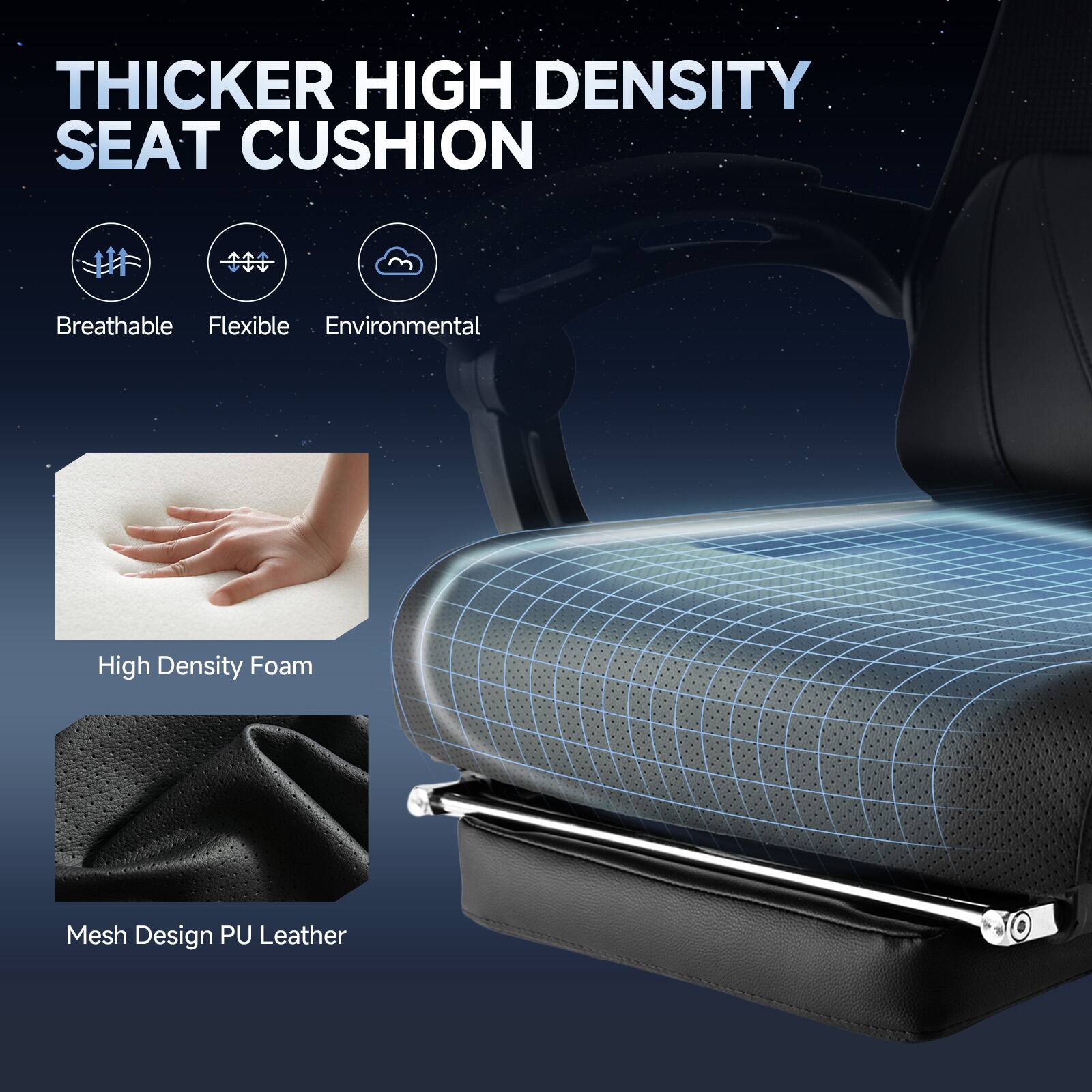 The text on the image is describing a Thicker High Density Seat Cushion, which features a breathable, flexible, and environmentally friendly design. The cushion is made with high density foam and has a mesh design, and it is covered with PU leather.