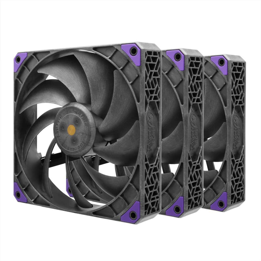 Super Flower - MEGACOOL 140mm fan, Triple-Pack, 12-pole motor, PWM, Purple Anti-Vibration Mounting Pads, Computer Case Fan - Black