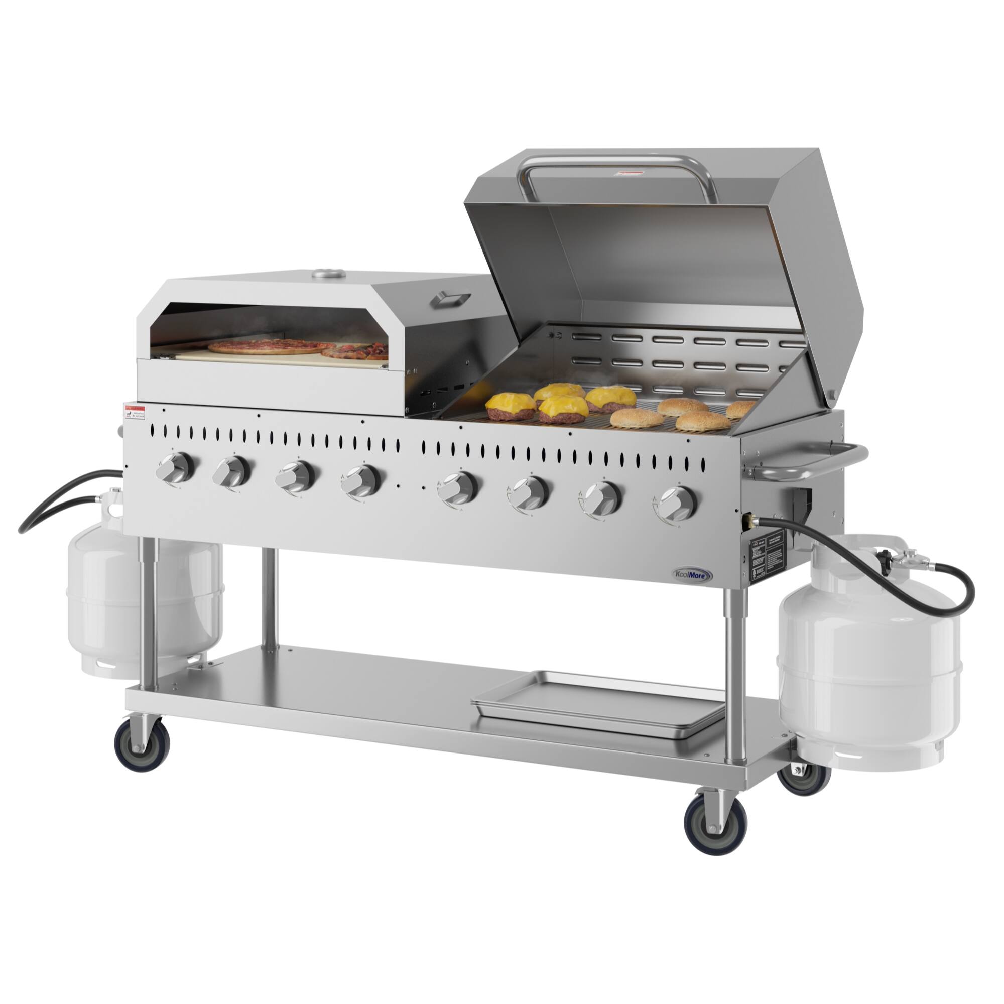 Angle. Koolmore - 60 in. 8-Burner Commercial Outdoor Propane Gas Grill With 30 in. Roll Dome Cover and 30 in. Pizza Oven in Stainless - Stainless Steel.