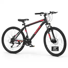 VEVOR - Mountain Bike for Men and Women 26 inch Outdoor Bicycle 21 Speeds, Adult Bike, Front Suspension, Adjustable Saddle - Red;Black