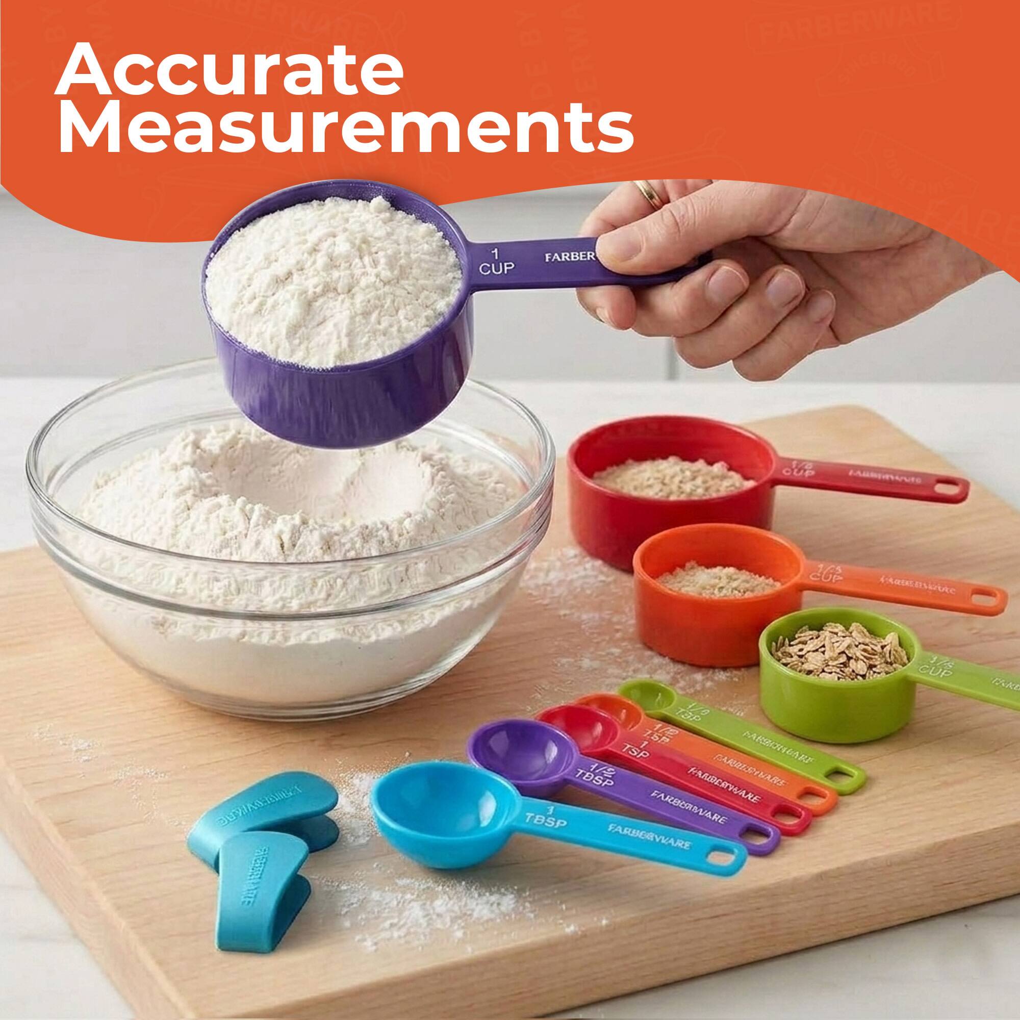 ERWA FARBERWARE Accurate Measurements 1 FARBER AACARL CUP / CUP LAMMDRU 1/5 CUP BLISIARC BUVIAE 30 I TE T3P 178 2 SP 1/ TSP AER AA TDSP FRRAS KAOLTWAKE TBSP J FARBERWUARE FARICRVEARE 174 CUP FARE