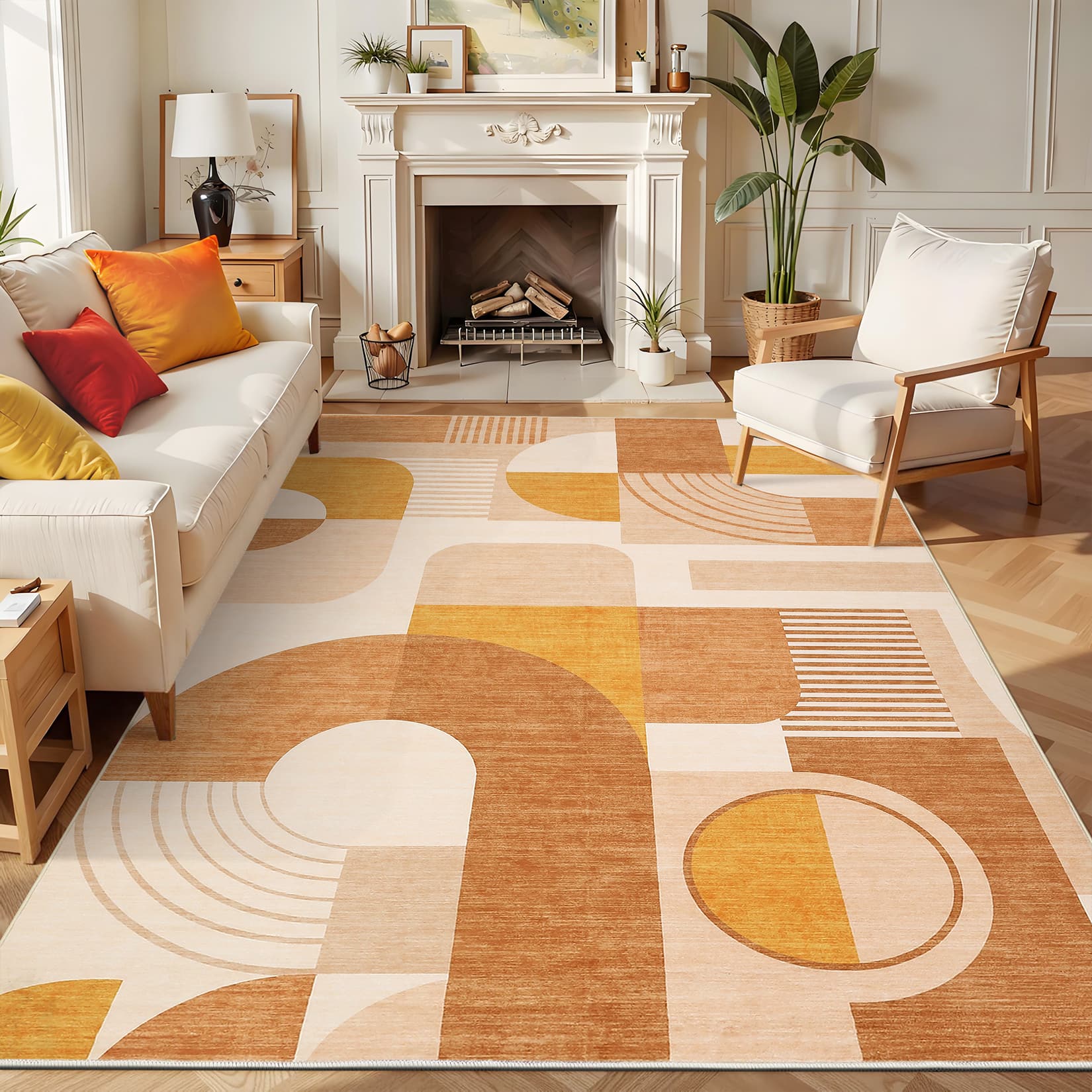 Acekool - Modern Geometric Area Rug for Bedroom Non Slip Non Shedding Machine Washable Low Pile Carpet for Living Room Bathroon - Orange