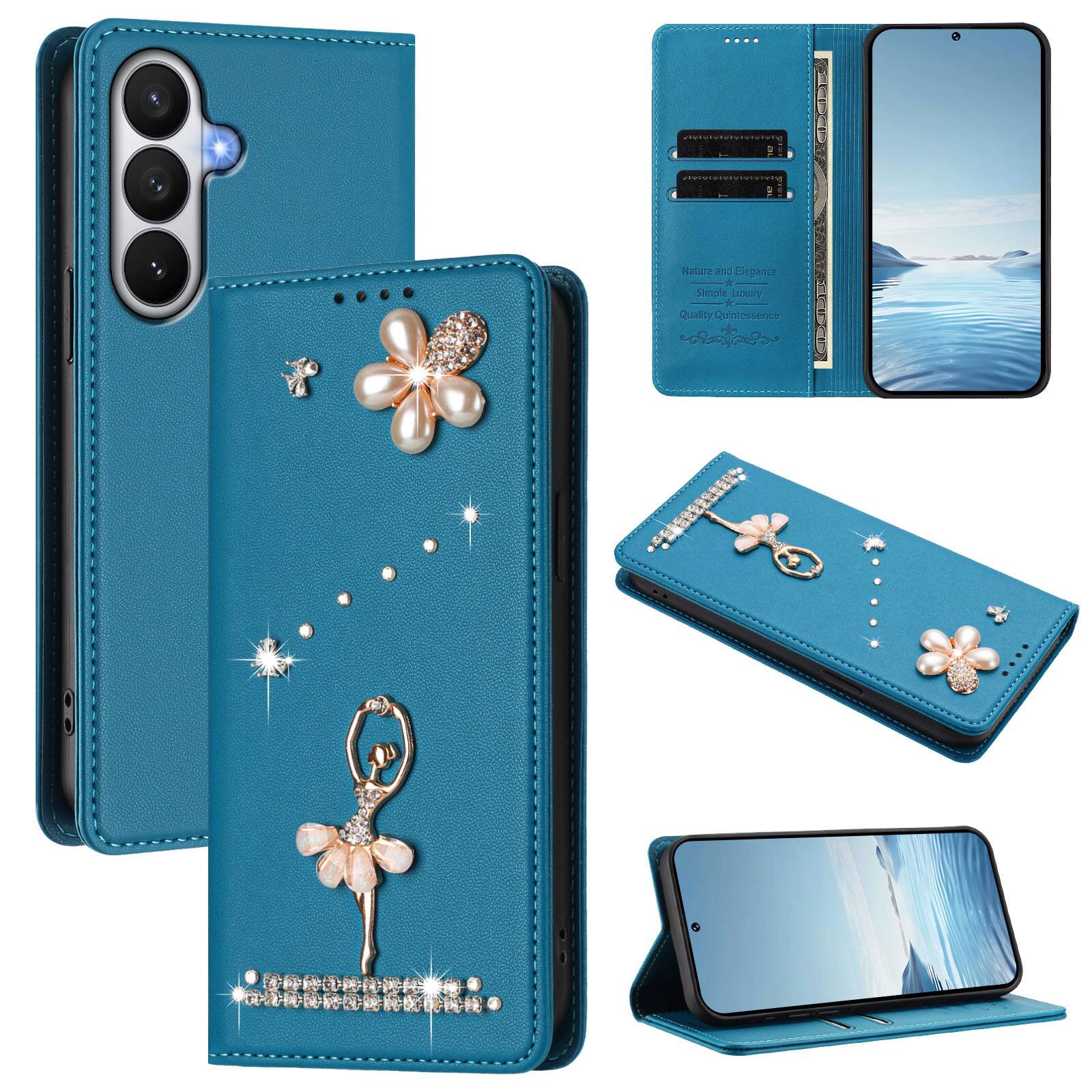 Dteck - 3D Bling Ballerina Wallet Case for Samsung Galaxy S26, RFID Blocking PU Leather Flip Cover with Card Slots - Blue