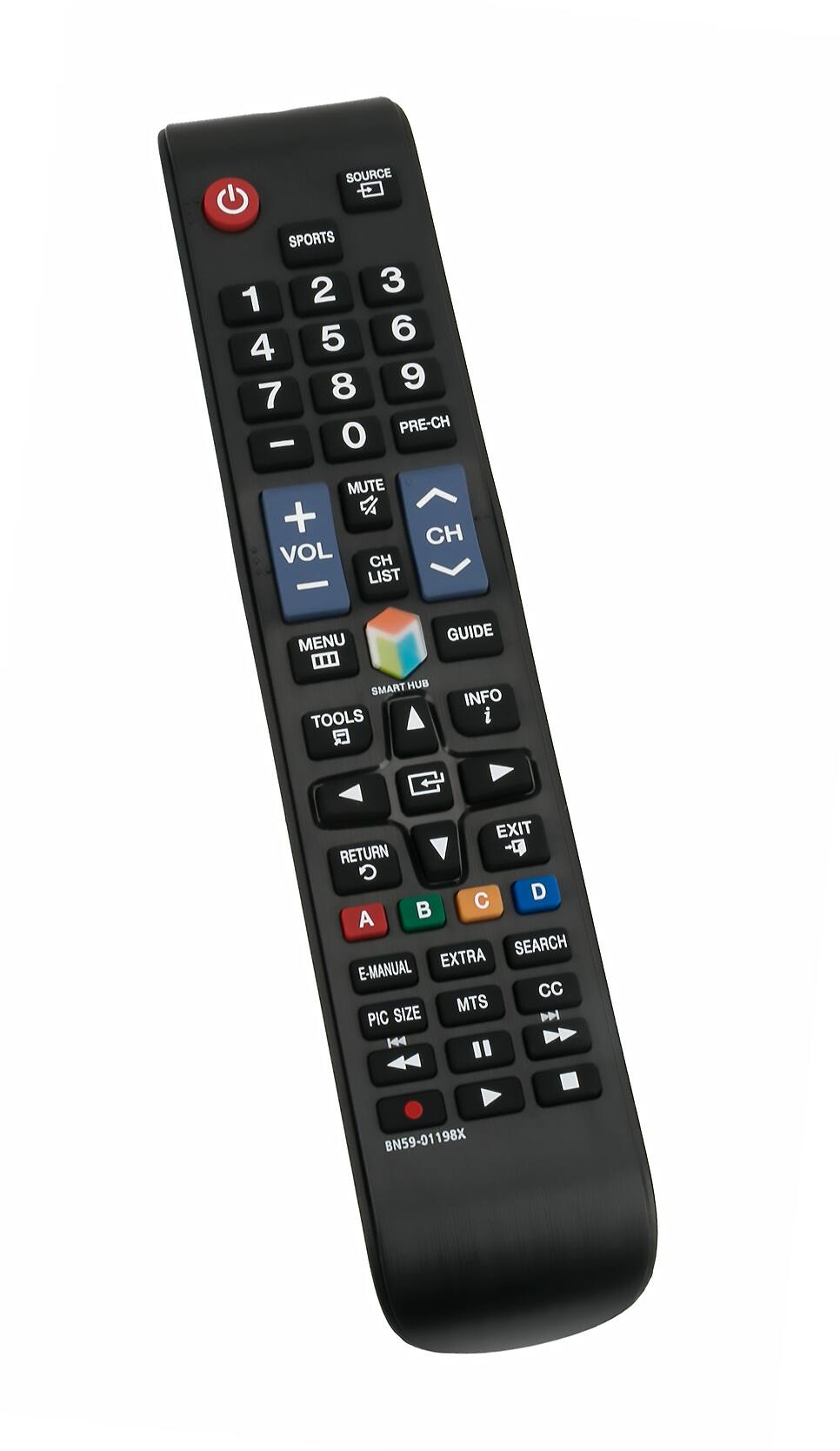 SOURCE SPORTS 2 3 1 5 6 4 8 9 7 o PRE-CH - MUTE + CH VOL CH LIST MENU GUIDE  SMART HUB INFO TOOLS i EXIT RETURN - G C D A  SEARCH EXTRA E-MANUAL Cc SIZE MTS PIC D 144 BN59-01198X