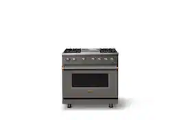 Viking - 36 in. Wide 4 Burner Pro 5 Series 5.6 Cu. Ft. Freestanding Sealed LP DF Convection Range/Grdl with Brushed Brass Trim - Damascus Gray
