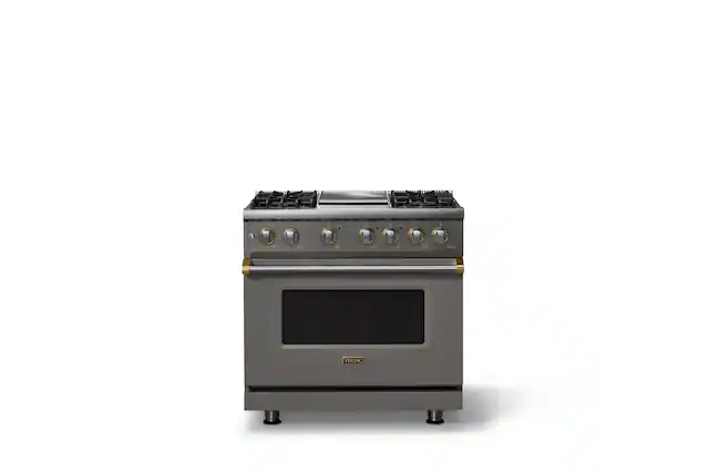 Front. Viking - 36 in. Wide 4 Burner Pro 5 Series 5.6 Cu. Ft. Freestanding Sealed LP DF Convection Range/Grdl with Brushed Brass Trim - Damascus Gray.