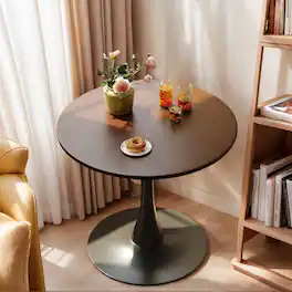 Loheer - Round Dining Table, Mid-Century Modern 24 Inch MDF Top with Metal Pedestal - Walnut
