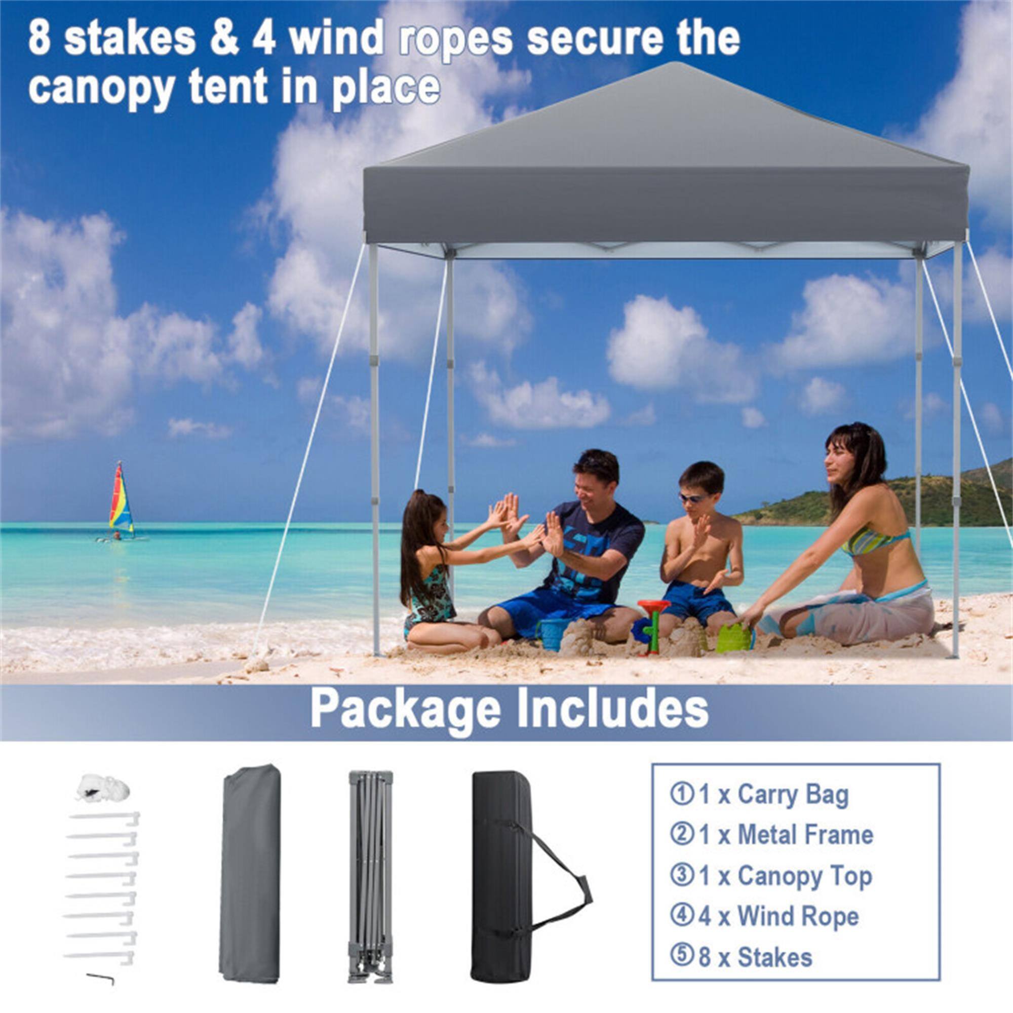 8 stakes & 4 wind ropes secure the canopy tent in place

Package Includes

1 x Carry Bag  
1 x Metal Frame  
1 x Canopy Top  
4 x Wind Rope  
8 x Stakes