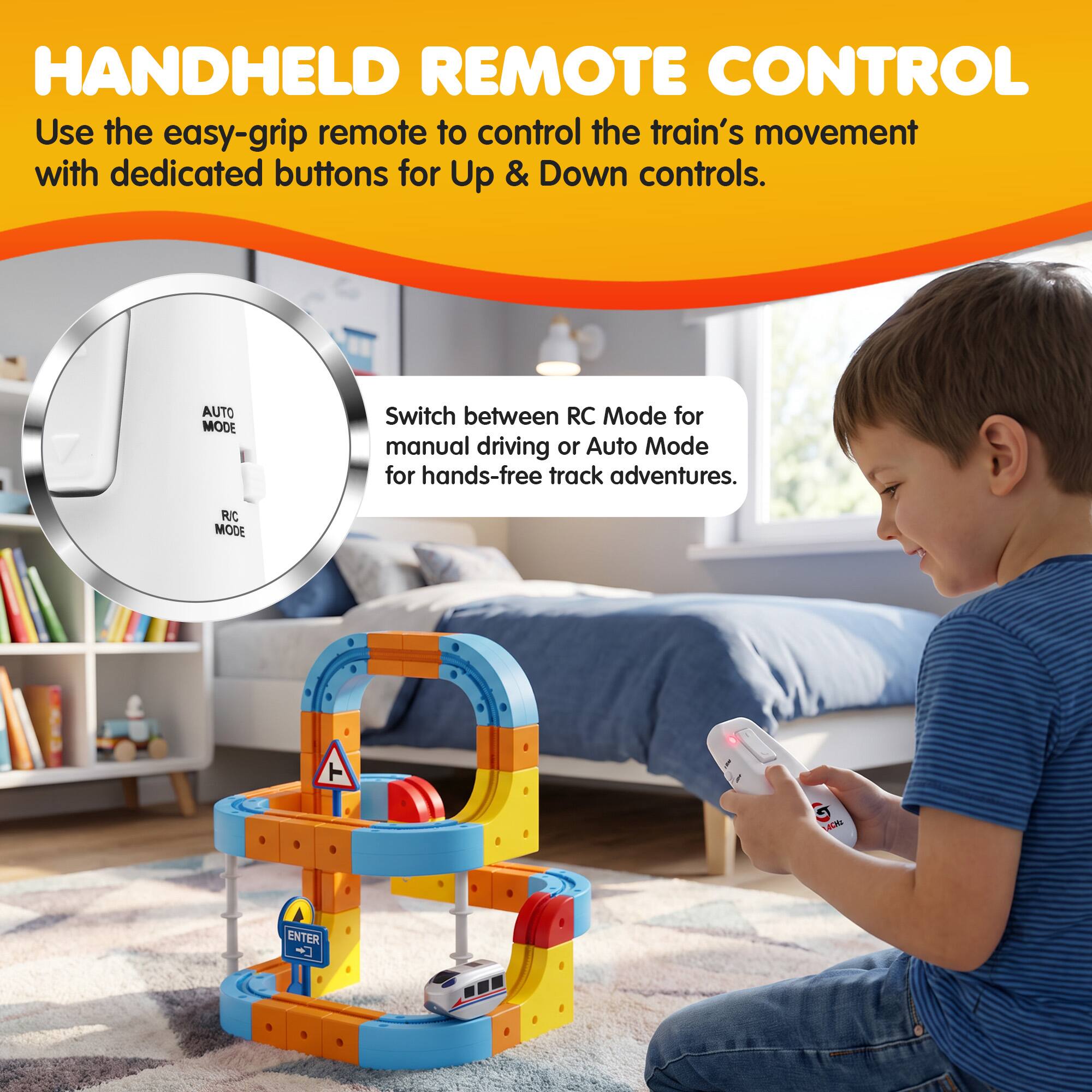 HANDHELD REMOTE CONTROL  
Use the easy-grip remote to control the train's movement with dedicated buttons for Up & Down controls.  

AUTO MODE  
Switch between RC Mode for manual driving or Auto Mode for hands-free track adventures.