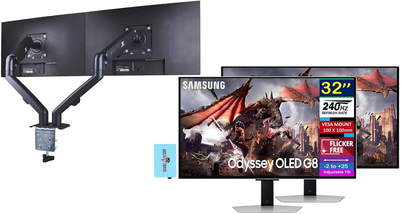 Samsung - Odyssey OLED G8 (G80SD) 32" Gaming Monitor, (LS32DG802SNXZA) 2 Pack w/DKZ Hub & Ergoflexy Dual Mount Arm - Silver