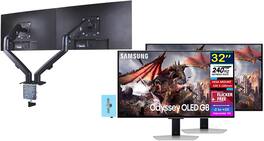 Samsung - Odyssey OLED G8 (G80SD) 32" Gaming Monitor, (LS32DG802SNXZA) 2 Pack w/DKZ Hub & Ergoflexy Dual Mount Arm - Silver