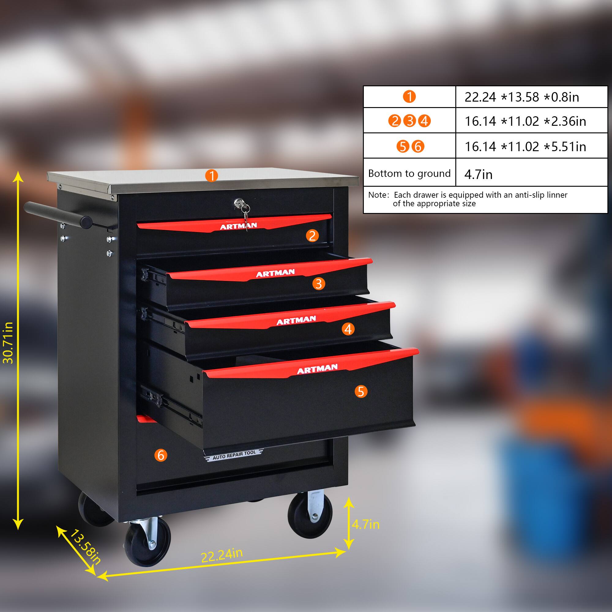 1. 22.24 * 13.58 * 0.8in  
2. 16.14 * 11.02 * 2.36in  
3. 16.14 * 11.02 * 5.51in  
4. Bottom to ground: 4.7in  

Note: Each drawer is equipped with an anti-slip liner of the appropriate size.

ARTMAN 1  
ARTMAN 2  
ARTMAN 3  
ARTMAN 4  
ARTMAN 5  
ARTMAN 6  

SPR  
ROOL  
AUTO  

13.58in  
22.24in  
4.7in  
30.71in