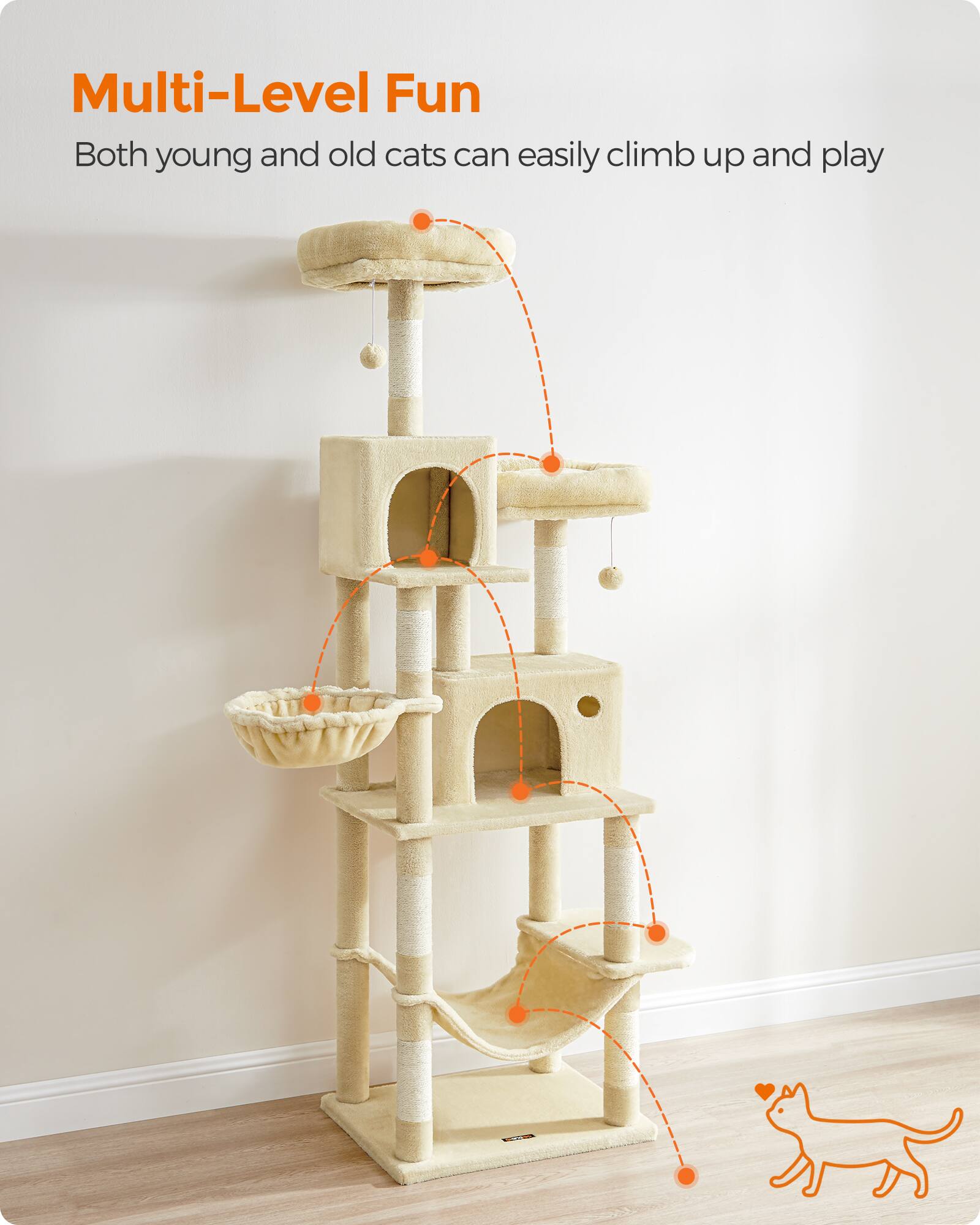 Multi-Level Fun  
Both young and old cats can easily climb up and play