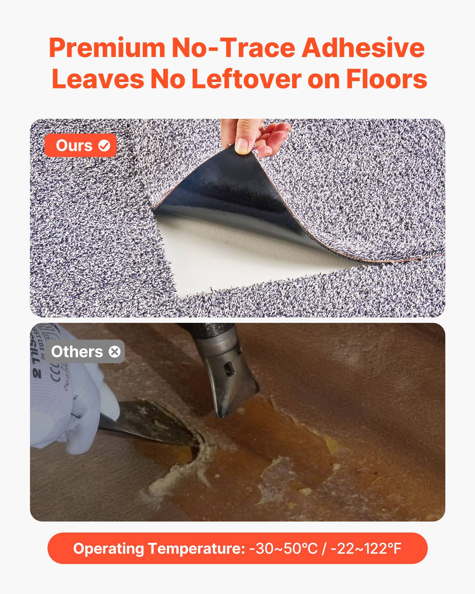 Premium No-Trace Adhesive Leaves No Leftover on Floors

Ours ✔️

Others ❌

Operating Temperature: -30~50°C / -22~122°F