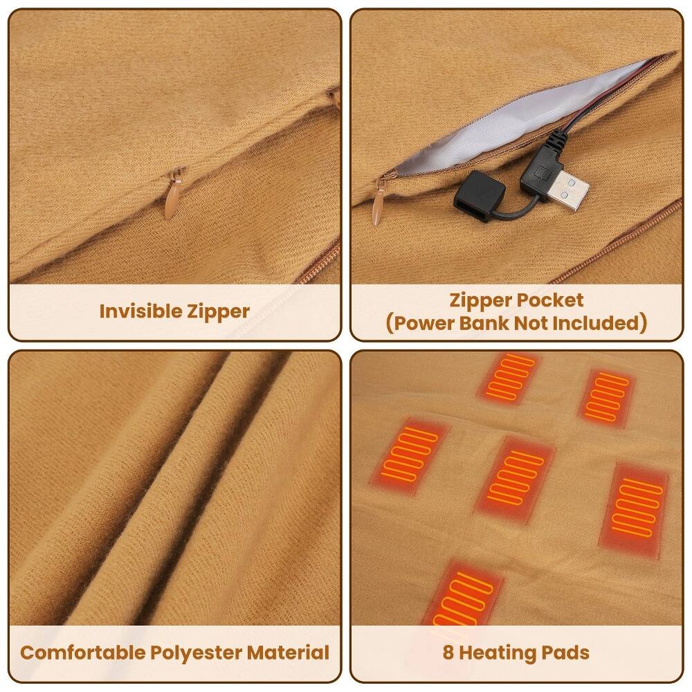 Invisible Zipper  
Comfortable Polyester Material  
Zipper Pocket (Power Bank Not Included)  
8 Heating Pads
