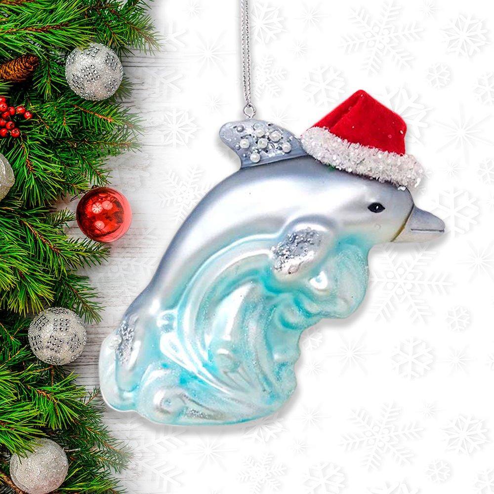 Left. OrnamentallyYou - Dolphin and Ocean Wave Glass Christmas Ornament - Multi-colored.