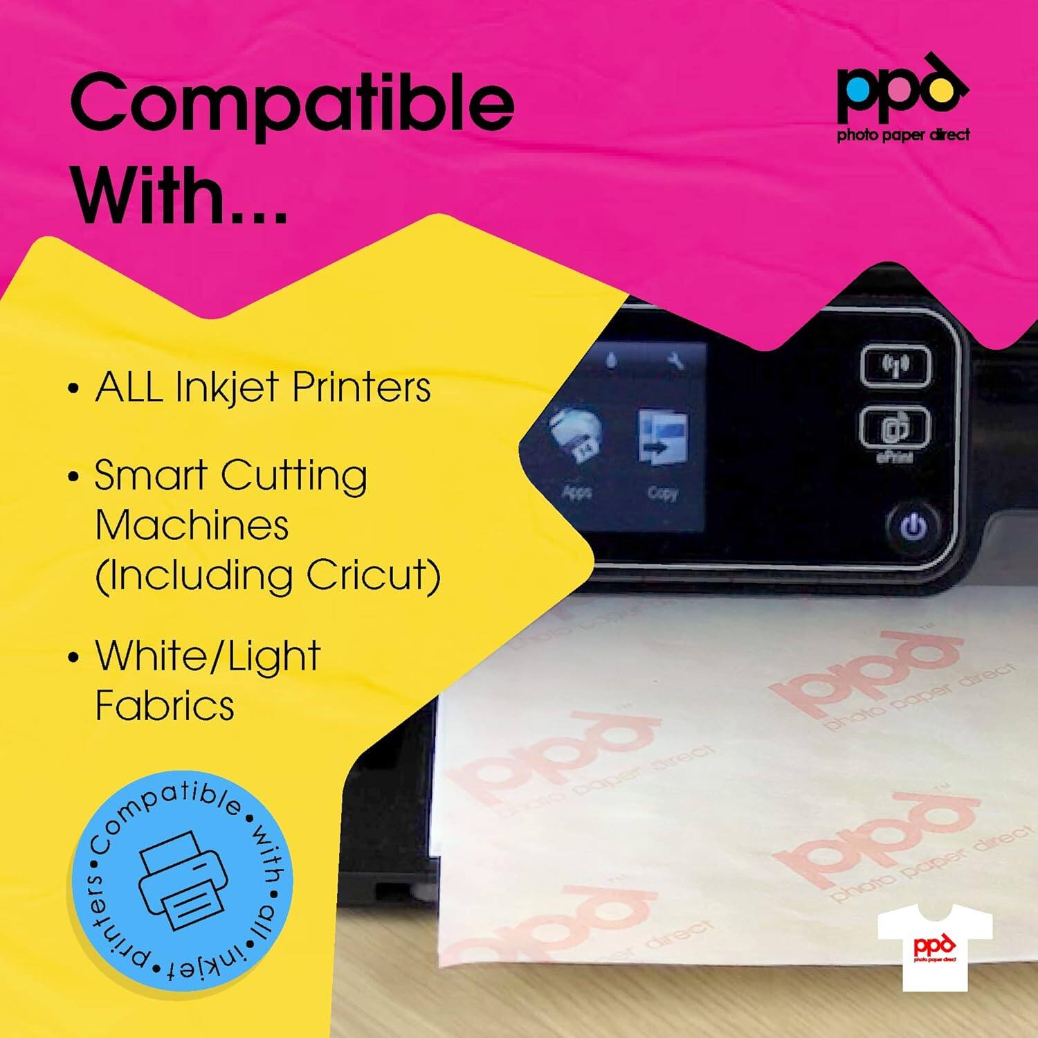 Compatible With... ALL Inkjet Printers Smart Cutting Machines (Including Cricut) White/Light Fabrics