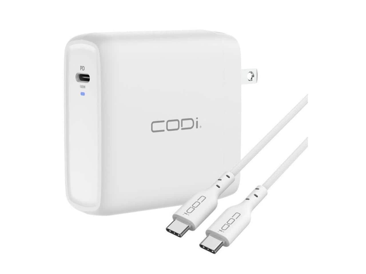 CODi - 100W USB-C Wall Charger with Power Delivery & 6.5ft EPR Braided USB-C Cable - Black