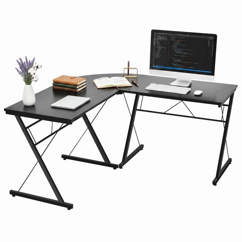 Alt View 3. WELLFOR - 59" L-Shaped Desk with Round Corner, Corner Computer Desk Gaming Desk for Home Office - Black.