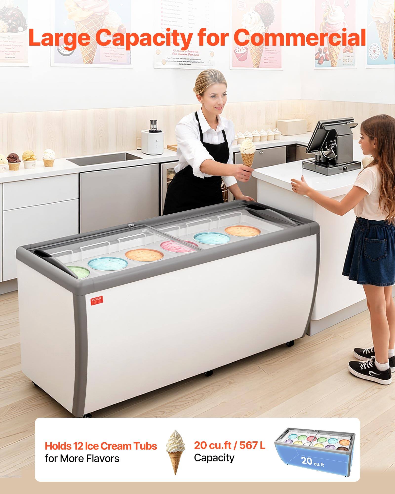 VEVOR Commercial Ice Cream Display Case, 20 Cu.ft Chest Freezer
