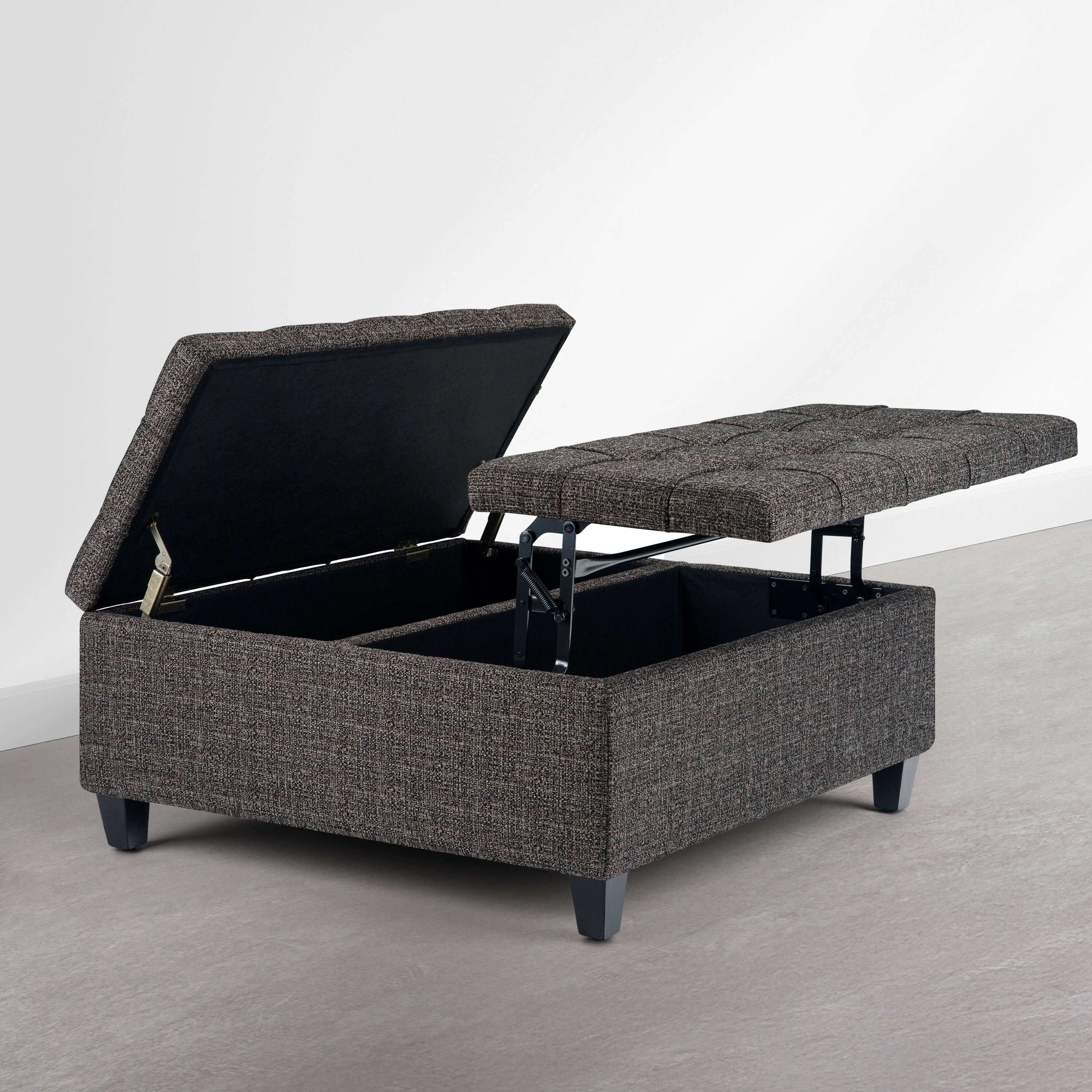 Left. Simpli Home - Harrison 36 inch Wide Upholstered Solid Wood Square Storage Ottoman, Warm Dark Charcoal Melange - Warm Dark Charcoal Melange.