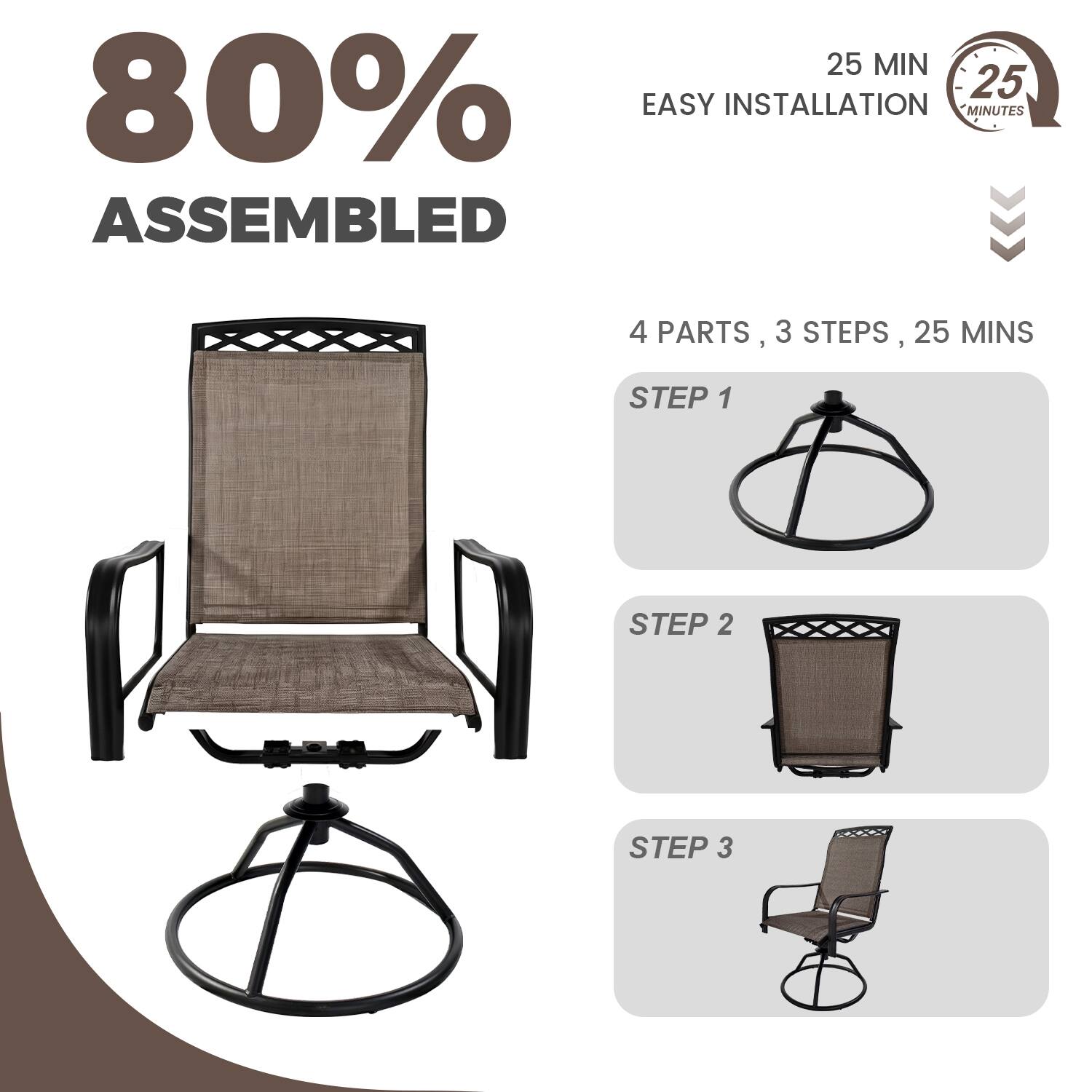 80% ASSEMBLED

25 MIN EASY INSTALLATION

4 PARTS, 3 STEPS, 25 MINS

STEP 1

STEP 2

STEP 3