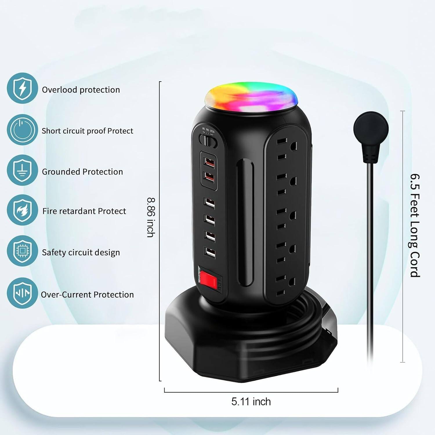 Overload protection  
Short circuit proof Protect  
Grounded Protection  
Fire retardant Protect  
Safety circuit design  
Over-Current Protection  

8.86 inch  
6.5 Feet Long Cord  
5.11 inch