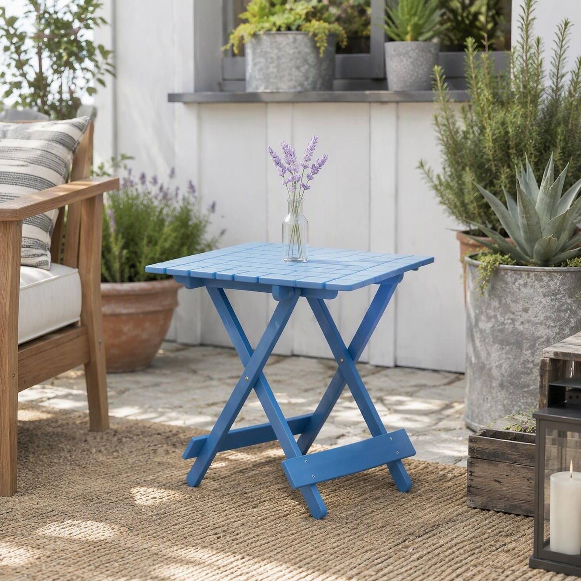 Left. RYHNUYNE - Solid Cypress Square Folding Outdoor Table,Space-Saving Blue Finish Side Table for Patio Balcony Deck Backyard - Blue.