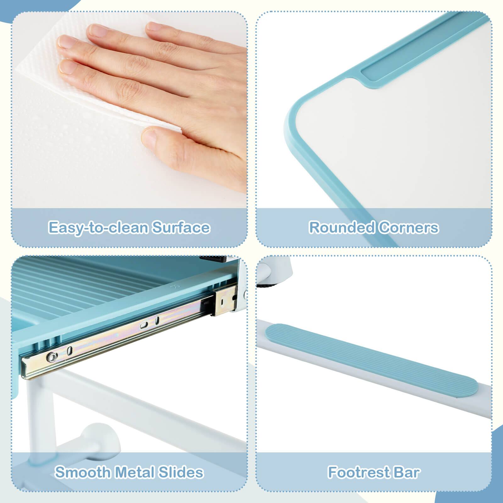 Easy-to-clean Surface  
Rounded Corners  
Smooth Metal Slides  
Footrest Bar