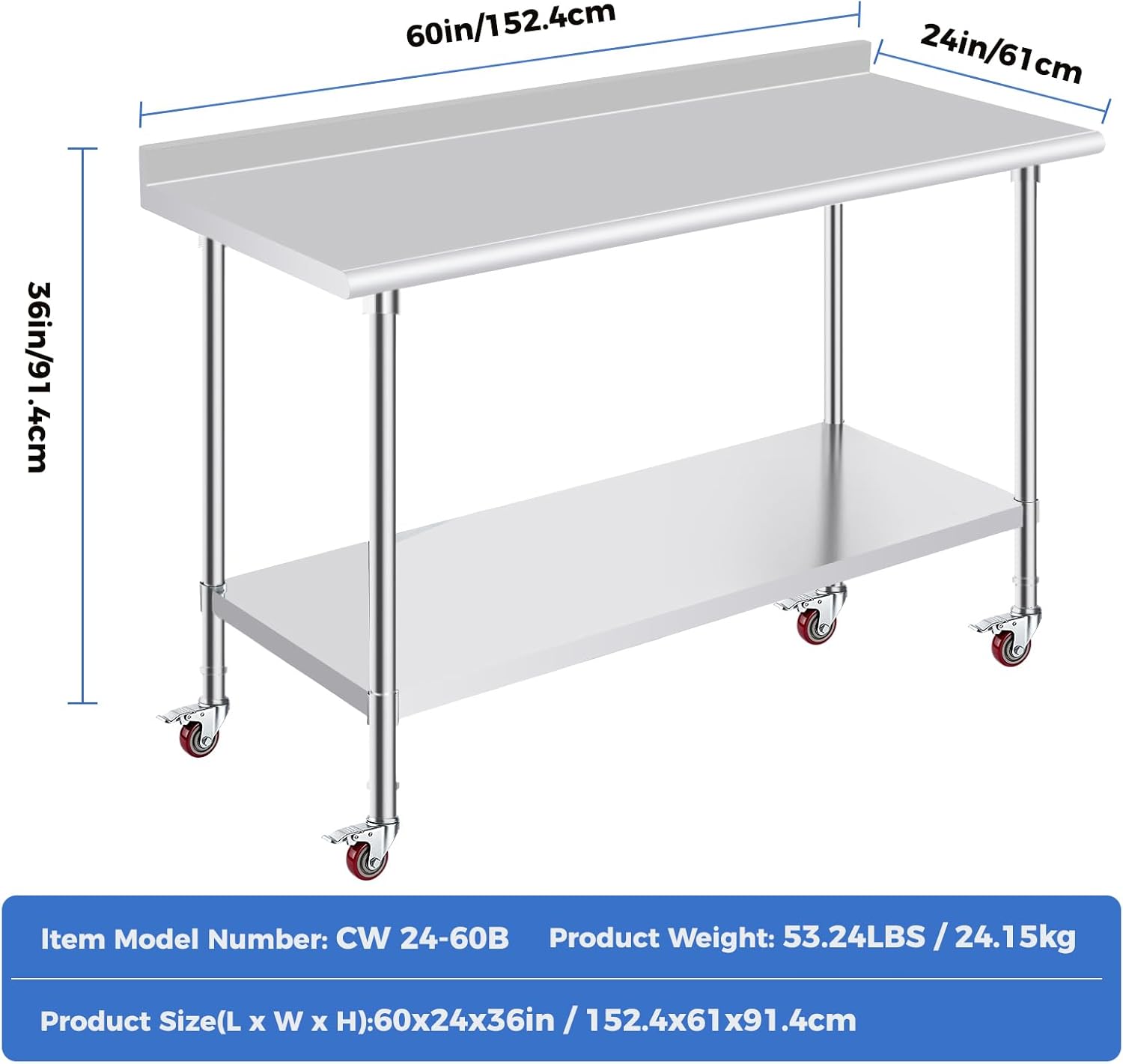 60in/152.4cm  
24in/61cm  
36in/91.4cm  

Item Model Number: CW 24-60B  
Product Weight: 53.24LBS / 24.15kg  
Product Size(L x W x H): 60x24x36in / 152.4x61x91.4cm