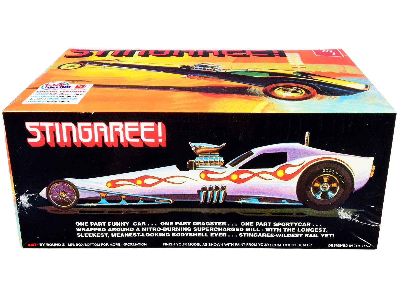 STINGAREE!  
ONE PART FUNNY CAR... ONE PART DRAGSTER... ONE PART SPORTYCAR...  
WRAPPED AROUND A NITRO-BURNING SUPERCHARGED MILL WITH THE LONGEST, SLEEKEST, MEANEST-LOOKING BODYSHELL EVER...  
STINGAREE! WILDEST RAIL YET!  
AMT BY ROUND 2 - SEE BOX BOTTOM FOR MORE INFORMATION  
FINISH YOUR MODEL AS SHOWN WITH PAINT FROM YOUR LOCAL HOBBY DEALER.  
DESIGNED IN THE U.S.A.