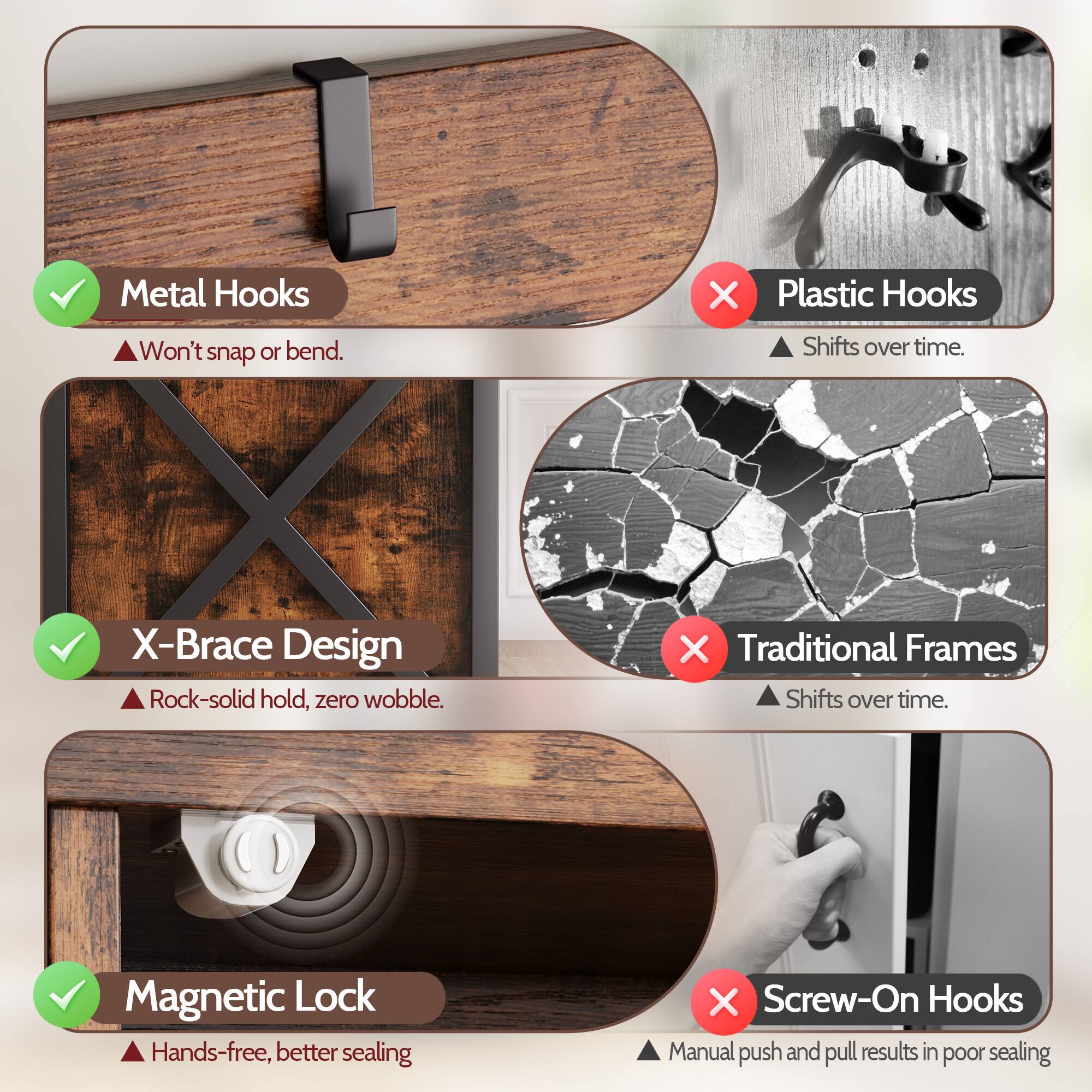 - Metal Hooks: Won't snap or bend.
- Plastic Hooks: Shifts over time.
- X-Brace Design: Rock-solid hold, zero wobble.
- Traditional Frames: Shifts over time.
- Magnetic Lock: Hands-free, better sealing.
- Screw-On Hooks: Manual push and pull results in poor sealing.