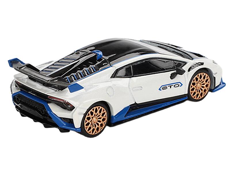 Left. Mini GT - Lamborghini Huracan STO Bianco Asopo White with Black Top and Blue Accents Limited Edition 1/64 - White with Black and Blue.