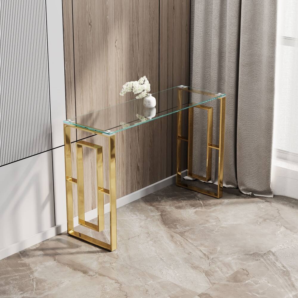 Back. Loheer - Loheer Golden Clear Glass Console Table Stainless Steel Entryway Table Meal Side Table - Golden Clear.