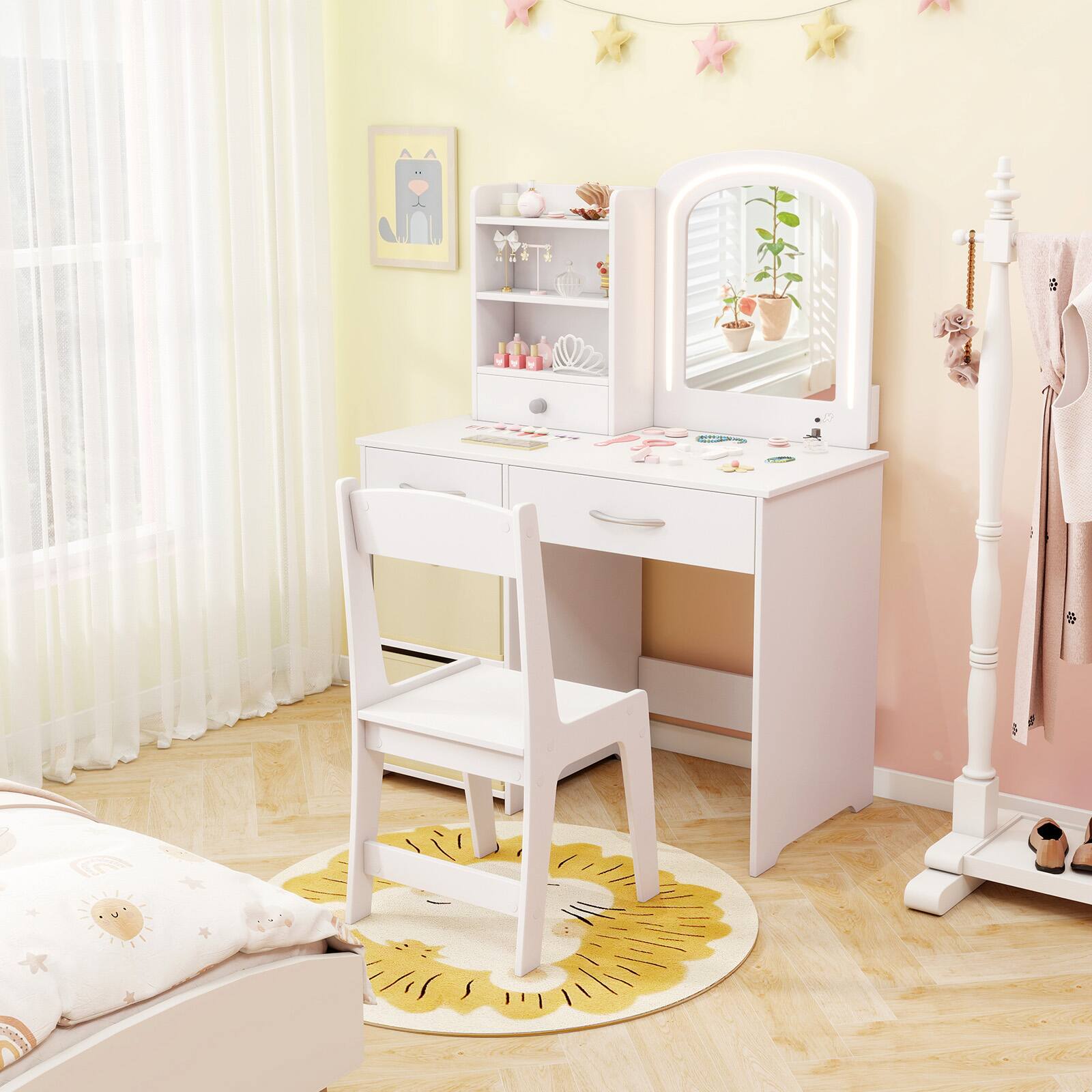 Alt View 1. Gymax - Gymax Kids Vanity Set Princess Makeup Desk & Chair w/ Mirror & Lights Open Shelves White - White.