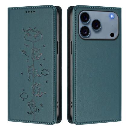 Front. Dteck - for Apple iPhone 17 Pro Slim Case,Cute Cat Embossed PU Leather Shockproof RFID Blocking Wallet Flip Card Holder Cover - Darkgreen.