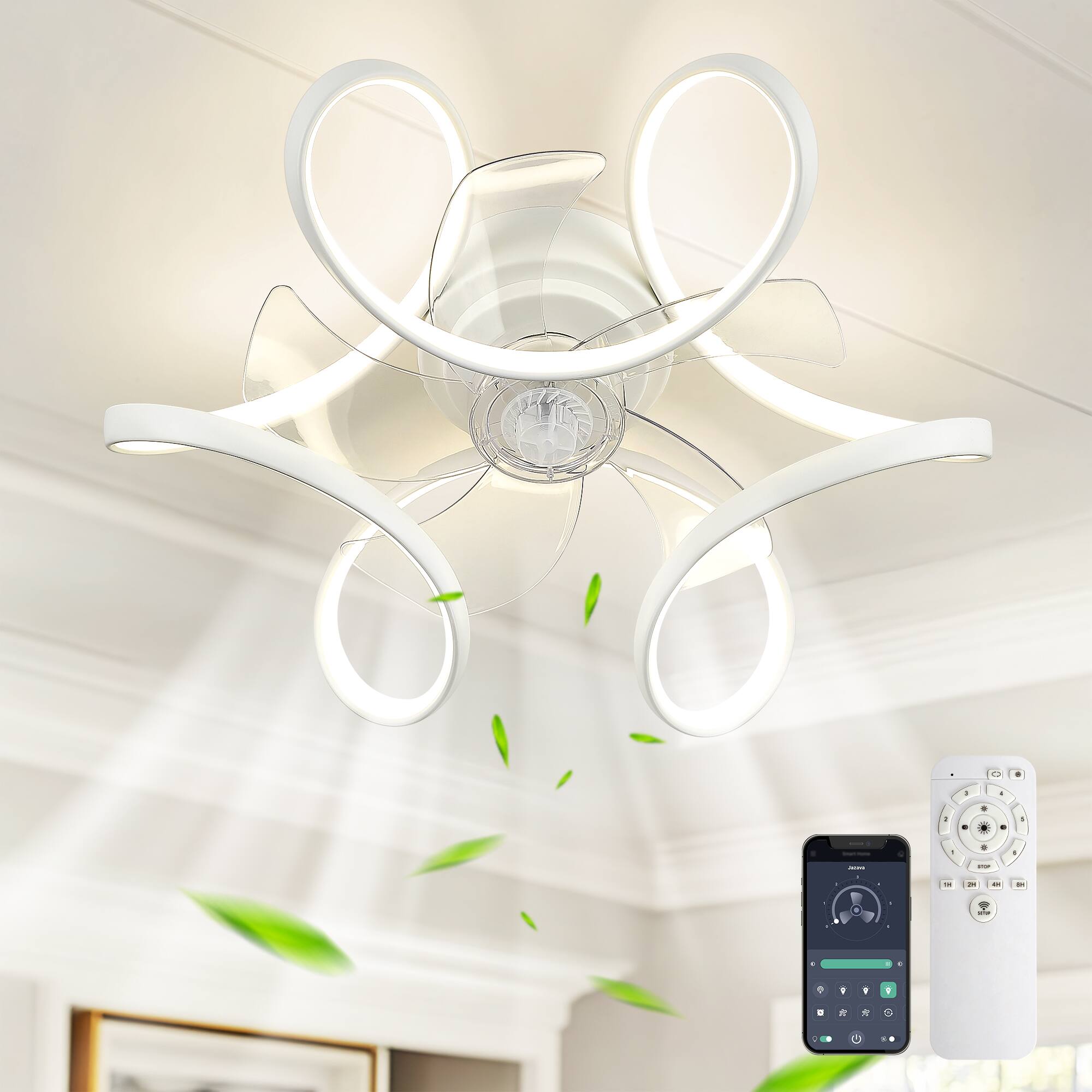 Front. JAZAVA - 20-Inch Indoor White Low Profile Ceiling Fan with LED Light, 100-240V" - White.