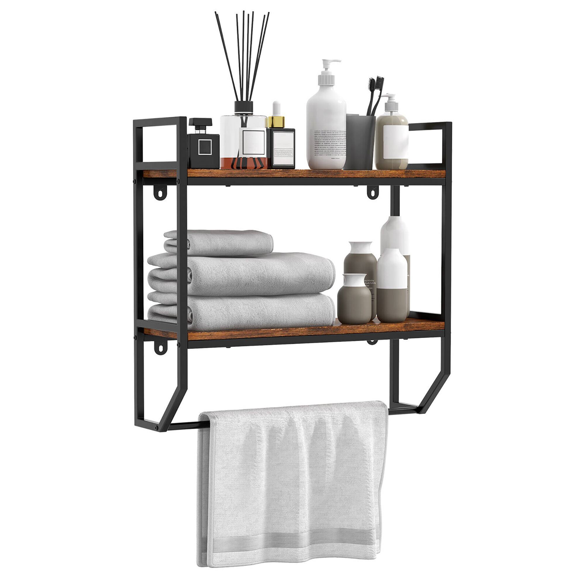 Gymax - Wall Mounted Bathroom Shelf Industrial 2-Tier Storage Rack w/ Towel Bar Kitchen - Rustic Brown