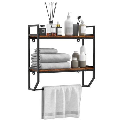 Front. Gymax - Gymax Wall Mounted Bathroom Shelf Industrial 2-Tier Storage Rack w/ Towel Bar Kitchen - Rustic Brown.