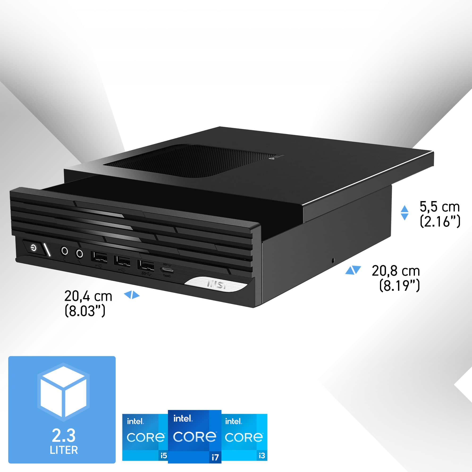 The text on the image reads:
5.5 cm (2.16")
20.4 cm (8.03")
1.25 T is 20.8 cm (8.19")
2.3 LITER intel. intel. intel CORE CORE CORE i5 i7 i3