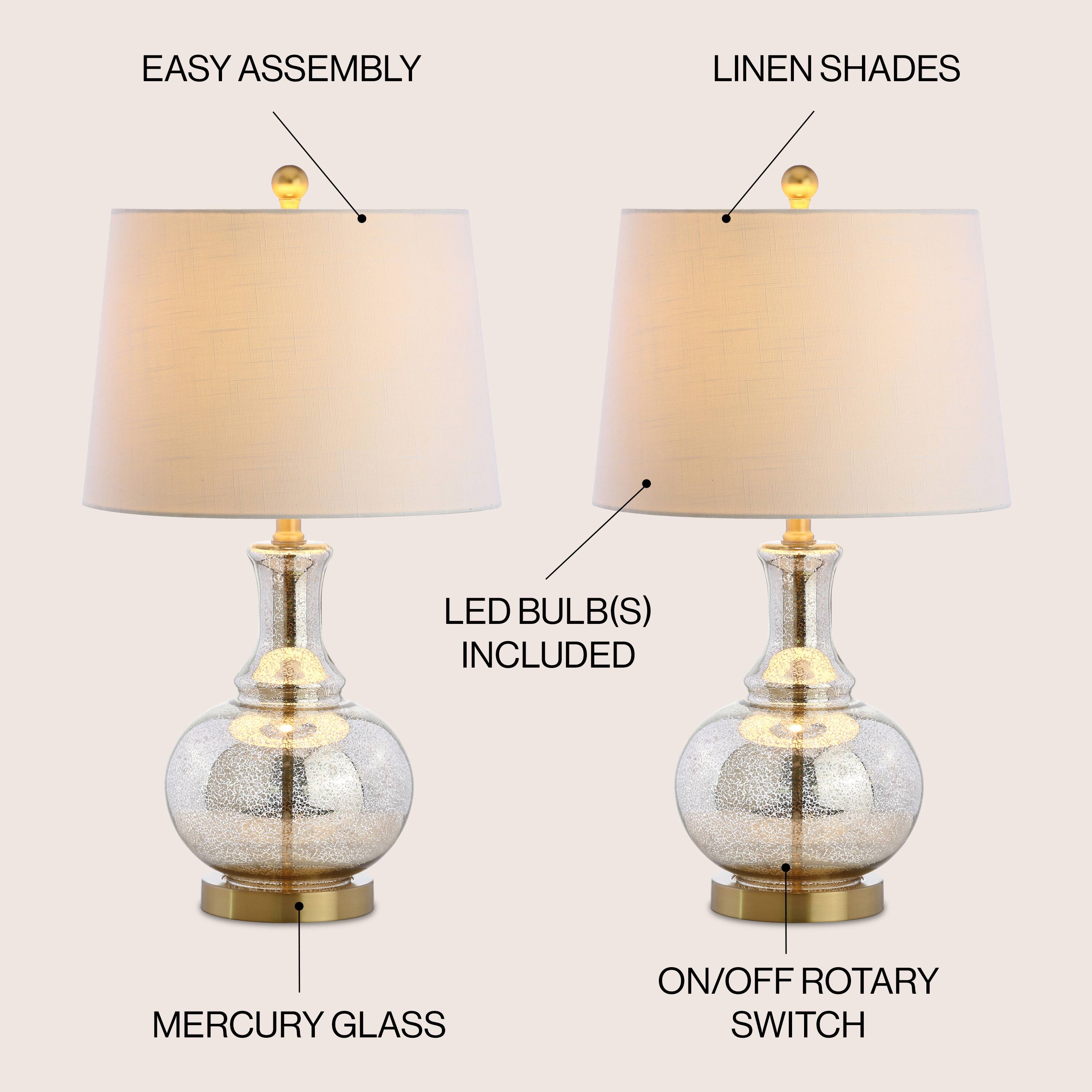 - EASY ASSEMBLY
- LINEN SHADES
- LED BULB(S) INCLUDED
- MERCURY GLASS
- ON/OFF ROTARY SWITCH