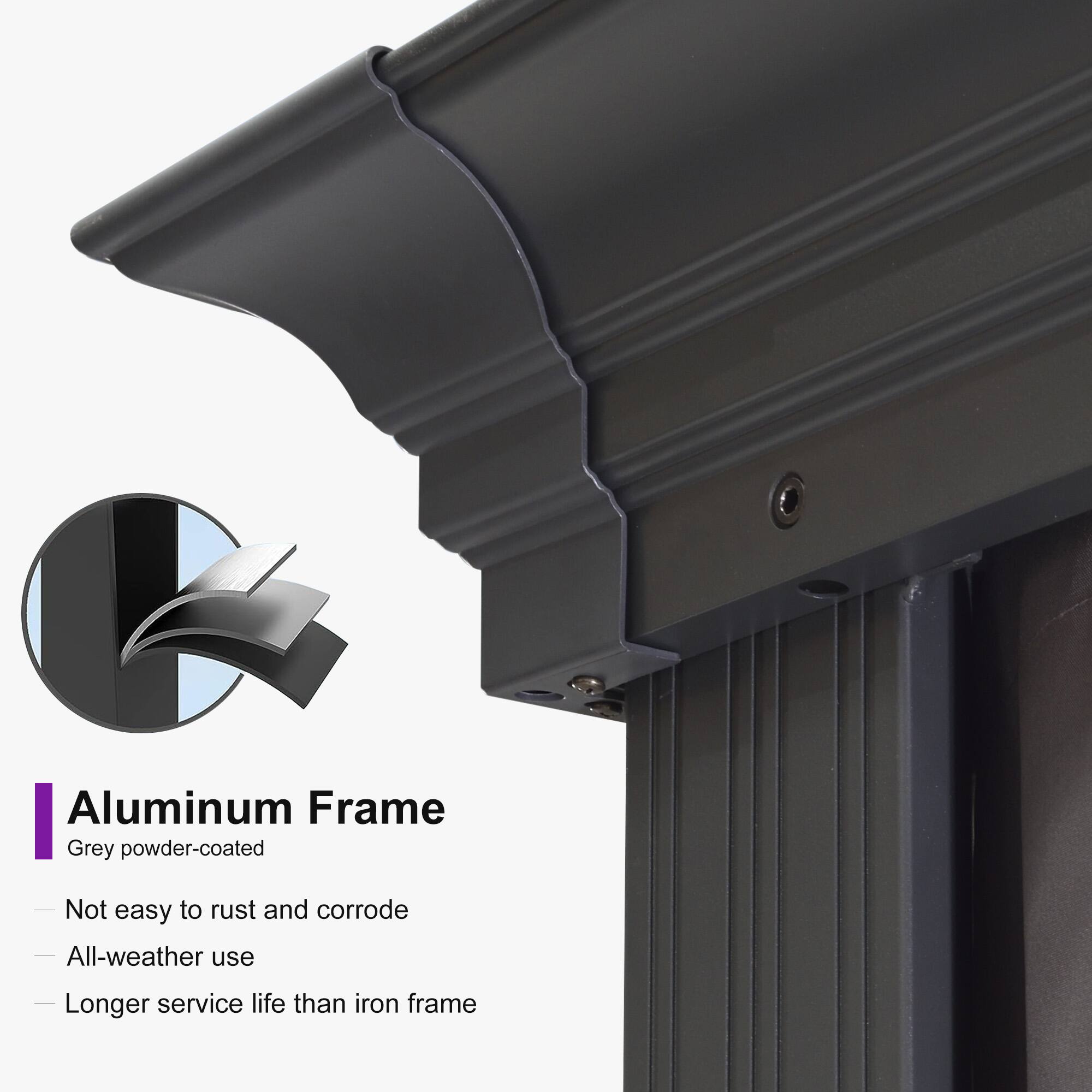 Aluminum Frame  
Grey powder-coated  

- Not easy to rust and corrode  
- All-weather use  
- Longer service life than iron frame