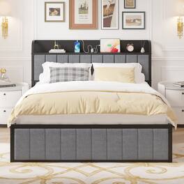 Vecelo - Full Bed Frame with Charging Station, Storage Headboard Shelf, Metal Platform Bed with Underbed Storage - Gray