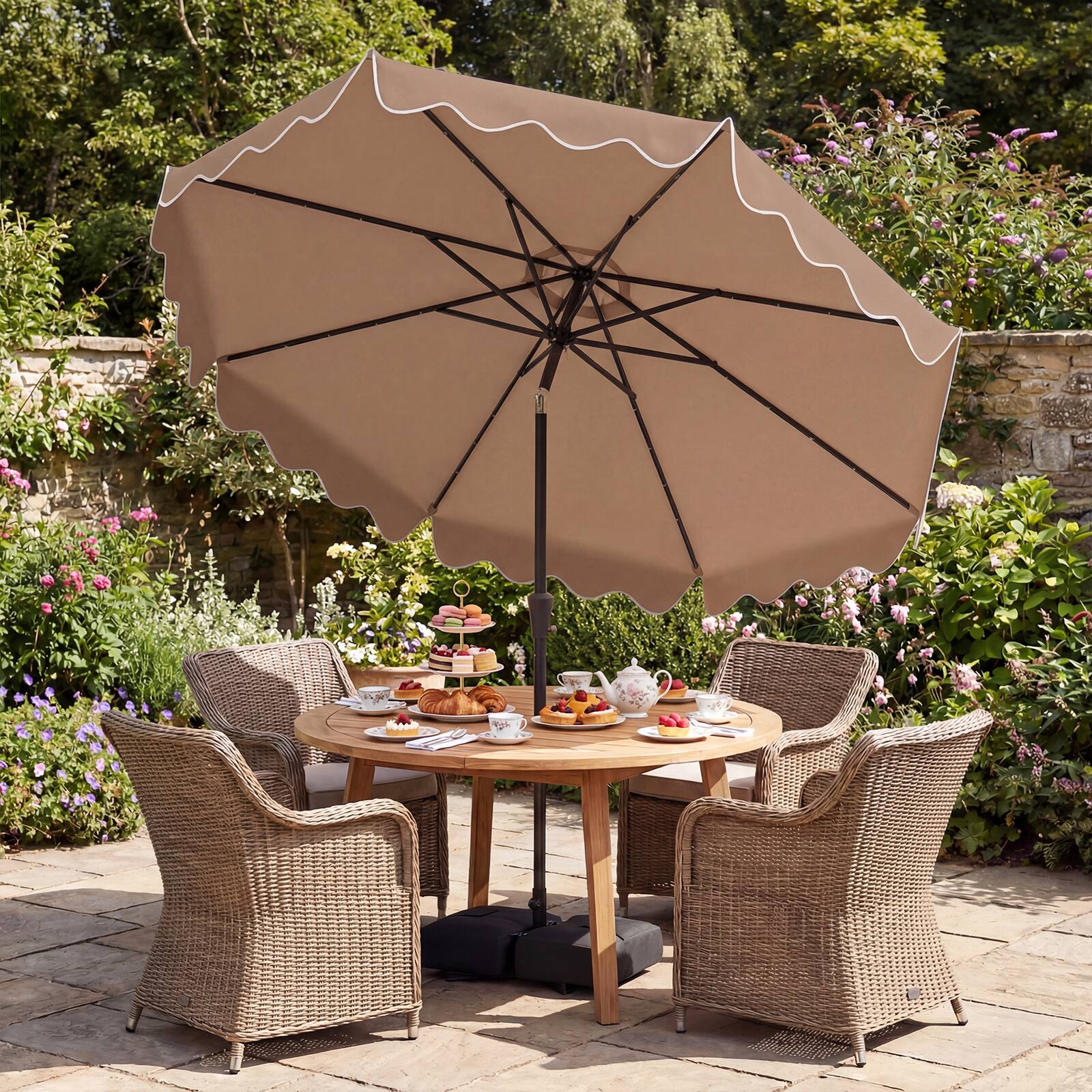 Alt View 3. Costway - Costway 10 FT Outdoor Patio Umbrella with 32 Solar LED Lights & Weighted Base, Sandbags - Brown.