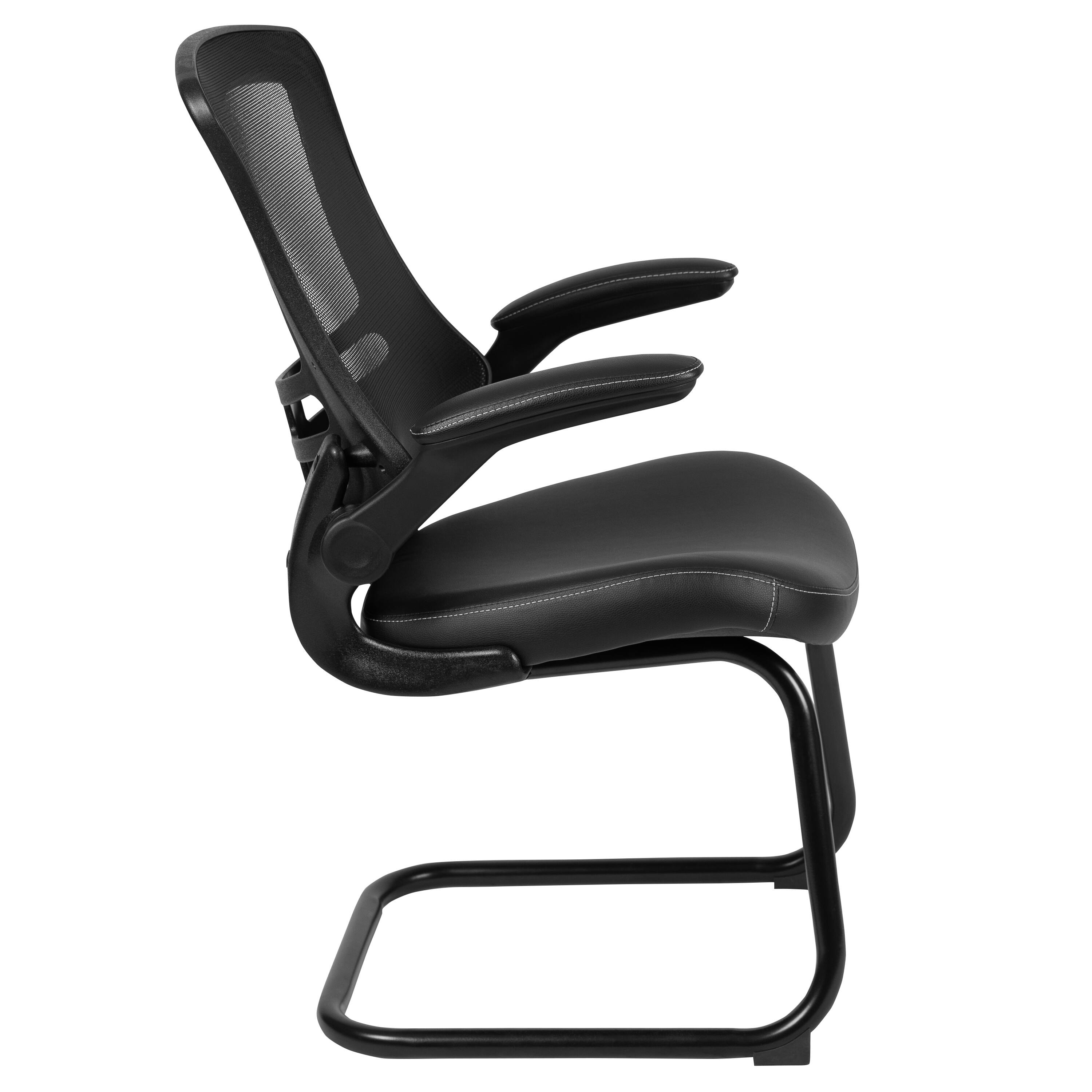 Alt View 6. Emma + Oliver - Mesh Sled Base Side Reception Chair with Flip-Up Arms-Office Waiting Room - Black LeatherSoft.