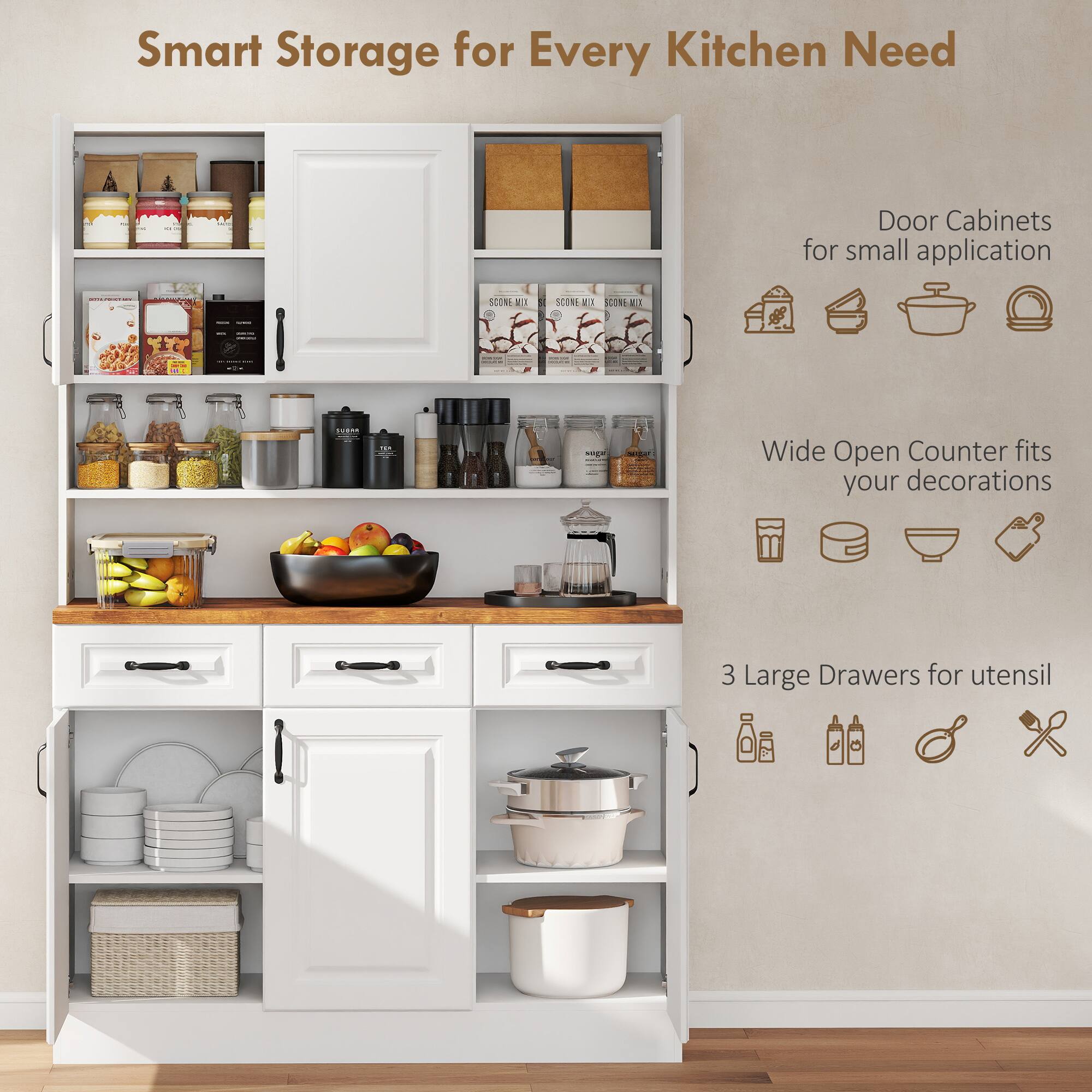 Smart Storage for Every Kitchen Need

Door Cabinets for small application

Wide Open Counter fits your decorations

3 Large Drawers for utensil