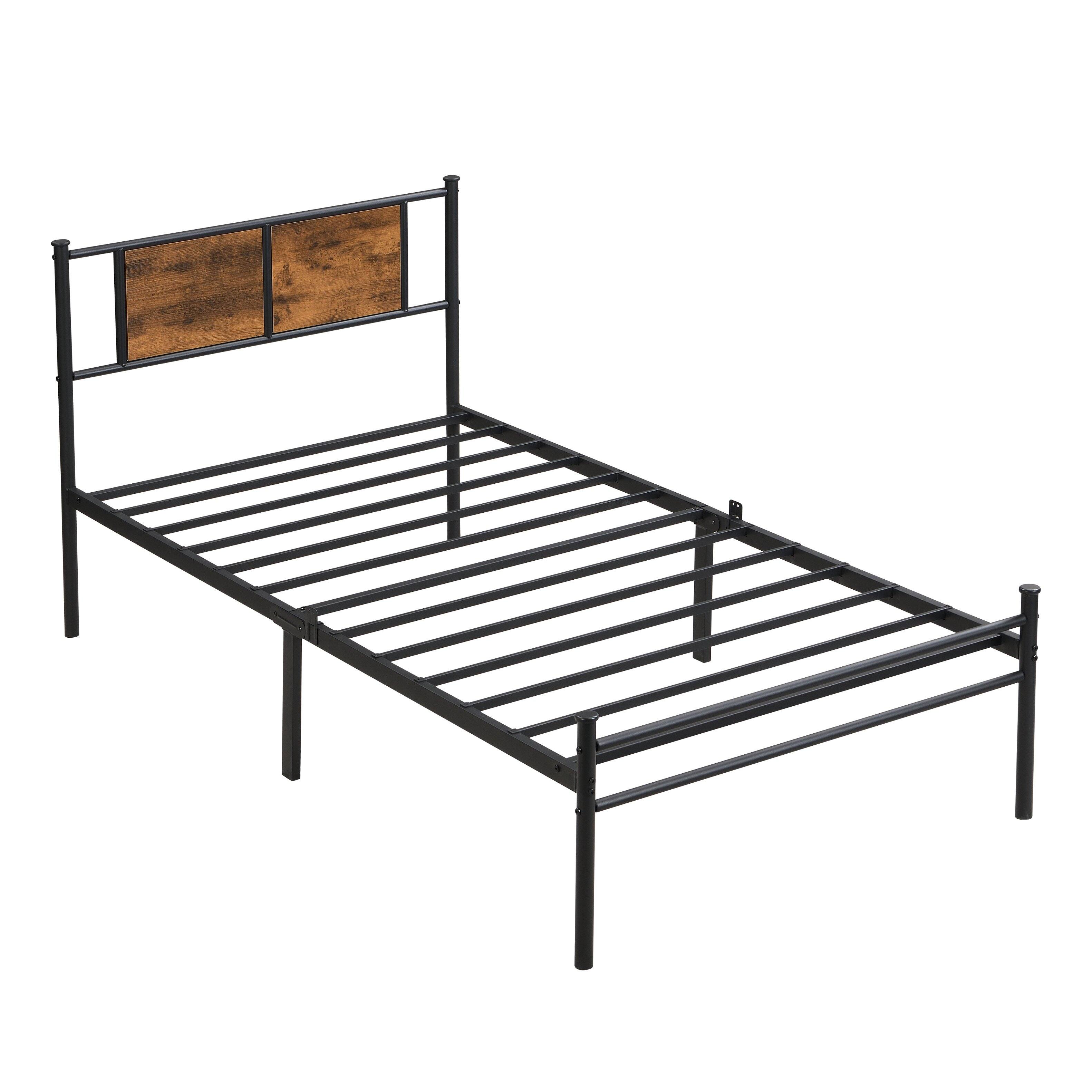 Left. LUCKY ONE - Twin XL Size Metal Bed Frame with Wood Panel Headboard, Steel Structure - Black+Brown.
